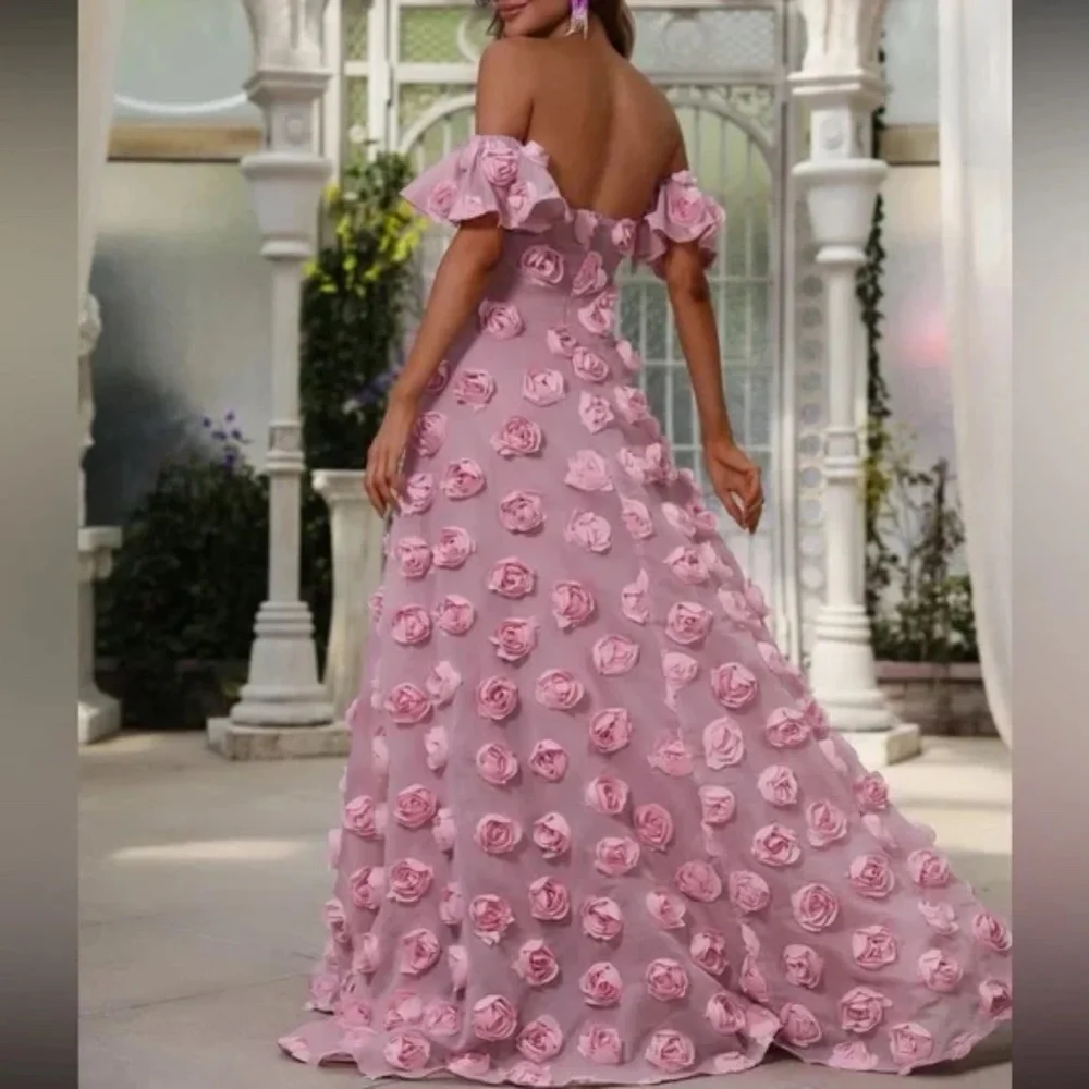 Luxe Pink off shoulder Applique party formal evening wedding dress - Picture 3 of 6